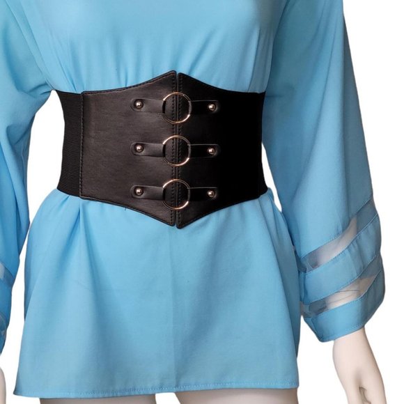 Women’s 3 Silver Rings Corset Belt Black - Picture 3 of 4